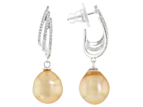 Golden Cultured South Sea Pearl With White Topaz Rhodium Over Sterling Silver Earrings