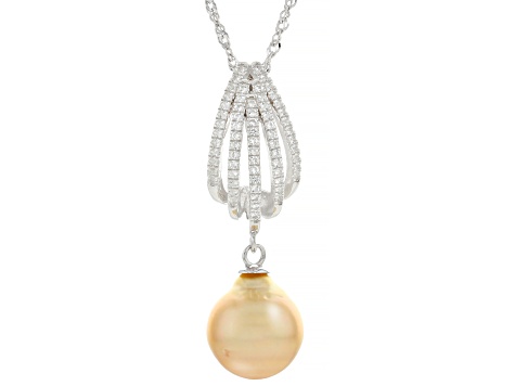 Golden Cultured South Sea Pearl With White Topaz Rhodium Over Sterling Silver Pendant With Chain