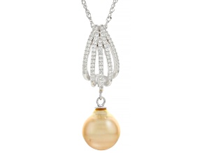 Golden Cultured South Sea Pearl With White Topaz Rhodium Over Sterling Silver Pendant With Chain