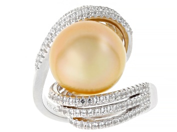 Picture of Golden Cultured South Sea Pearl With White Topaz Rhodium Over Sterling Silver Ring