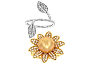 Golden Cultured South Sea Pearl With White Zircon Rhodium & 18k Gold Over Silver Ring Set of 2
