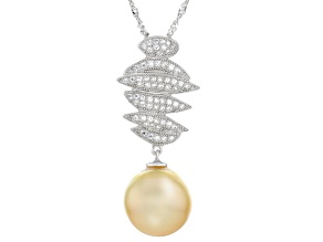 Golden Cultured South Sea Pearl With White Topaz Rhodium Over Sterling Silver Pendant With Chain
