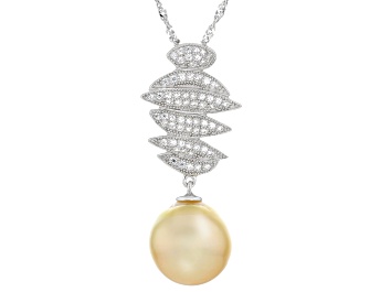 Picture of Golden Cultured South Sea Pearl With White Topaz Rhodium Over Sterling Silver Pendant With Chain