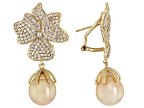 Golden Cultured South Sea Pearl With Zircon 18k Yellow Gold Over Sterling Silver Earrings