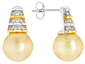 Golden Cultured South Sea Pearl With White Topaz Rhodium & 18K Gold Over Sterling Silver Earrings
