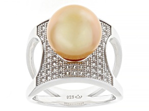 Golden Cultured South Sea Pearl With White Topaz Rhodium Over Sterling Silver Ring