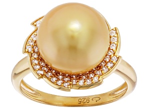 Golden Cultured South Sea Pearl With White Zircon Rhodium Over Sterling Silver Ring