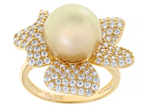 Golden Cultured South Sea Pearl With White Zircon 18k Yellow Gold Over Sterling Silver Ring
