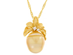 Golden Cultured South Sea Pearl With Zircon 18k Yellow Gold Over Silver Pendant With Chain