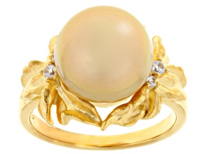 Golden Cultured South Sea Pearl With White Zircon 18k Yellow Gold Over Sterling Silver Ring