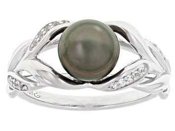 Picture of Cultured Tahitian Pearl With White Topaz Rhodium Over Sterling Silver Ring
