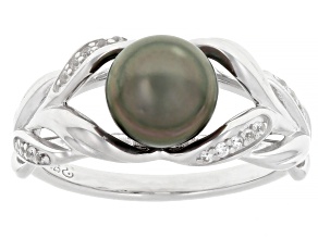 Cultured Tahitian Pearl With White Topaz Rhodium Over Sterling Silver Ring