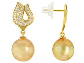 Golden Cultured South Sea Pearl With White Topaz 18k Yellow Gold Over Sterling Silver Earrings