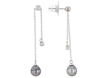 Picture of Cultured Tahitian Pearl With White Topaz Rhodium Over Sterling Silver Earrings