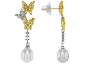 White Cultured Freshwater Pearl With Topaz Rhodium And 18k Gold Over Silver Two-Tone Earrings