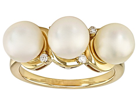 Cultured Japanese Akoya Pearl & Moissanite Fire® 18k Yellow Gold Over Silver Ring 0.08ctw DEW