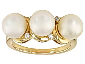 Cultured Japanese Akoya Pearl & Moissanite Fire® 18k Yellow Gold Over Silver Ring 0.08ctw DEW