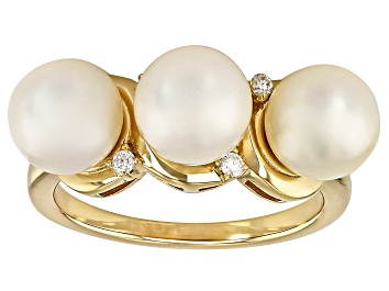 Picture of Cultured Japanese Akoya Pearl & Moissanite Fire® 18k Yellow Gold Over Silver Ring 0.08ctw DEW