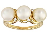 Cultured Japanese Akoya Pearl & Moissanite Fire® 18k Yellow Gold Over Silver Ring 0.08ctw DEW