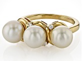 Cultured Japanese Akoya Pearl & Moissanite Fire® 18k Yellow Gold Over Silver Ring 0.08ctw DEW