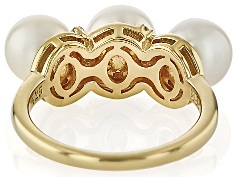 Cultured Japanese Akoya Pearl & Moissanite Fire® 18k Yellow Gold Over Silver Ring 0.08ctw DEW