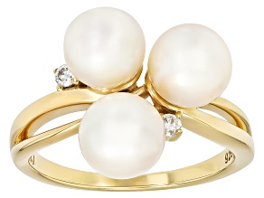 White Cultured Japanese Akoya Pearl & Moissanite Fire® 18k Yellow Gold Over Sterling Silver Ring