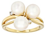 White Cultured Japanese Akoya Pearl & Moissanite Fire® 18k Yellow Gold Over Sterling Silver Ring
