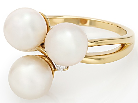White Cultured Japanese Akoya Pearl & Moissanite Fire® 18k Yellow Gold Over Sterling Silver Ring