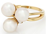 White Cultured Japanese Akoya Pearl & Moissanite Fire® 18k Yellow Gold Over Sterling Silver Ring