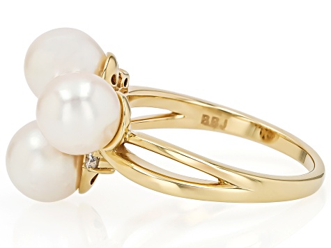 White Cultured Japanese Akoya Pearl & Moissanite Fire® 18k Yellow Gold Over Sterling Silver Ring