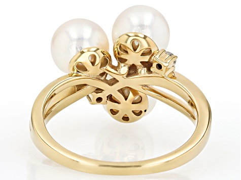 White Cultured Japanese Akoya Pearl & Moissanite Fire® 18k Yellow Gold Over Sterling Silver Ring