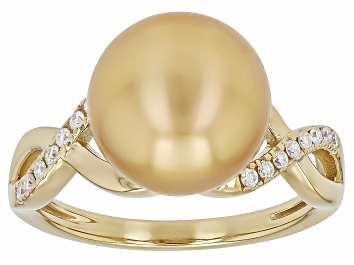 Picture of Golden Cultured South Sea Pearl With Moissanite Fire® 18K Gold Over Sterling Silver Ring 0.12ctw DEW