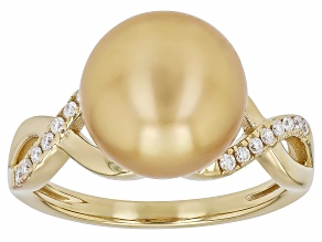 Golden Cultured South Sea Pearl With Moissanite Fire® 18K Gold Over Sterling Silver Ring 0.12ctw DEW
