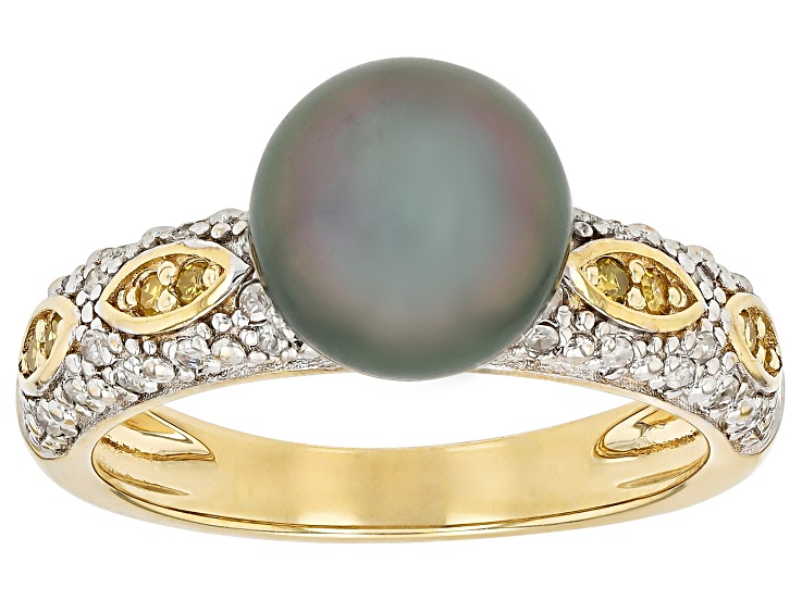 Cultured Tahitian Pearl With Canary & White Diamond 18K Yellow Gold Over Sterling Silver Ring
