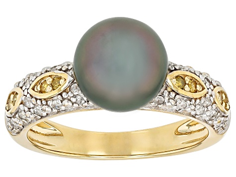 Cultured Tahitian Pearl With Canary & White Diamond 18K Yellow Gold Over Sterling Silver Ring