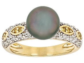 Cultured Tahitian Pearl With Canary & White Diamond 18K Yellow Gold Over Sterling Silver Ring