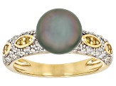 Cultured Tahitian Pearl With Canary & White Diamond 18K Yellow Gold Over Sterling Silver Ring