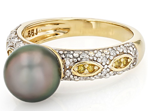 Cultured Tahitian Pearl With Canary & White Diamond 18K Yellow Gold Over Sterling Silver Ring