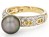Cultured Tahitian Pearl With Canary & White Diamond 18K Yellow Gold Over Sterling Silver Ring
