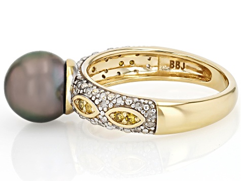 Cultured Tahitian Pearl With Canary & White Diamond 18K Yellow Gold Over Sterling Silver Ring