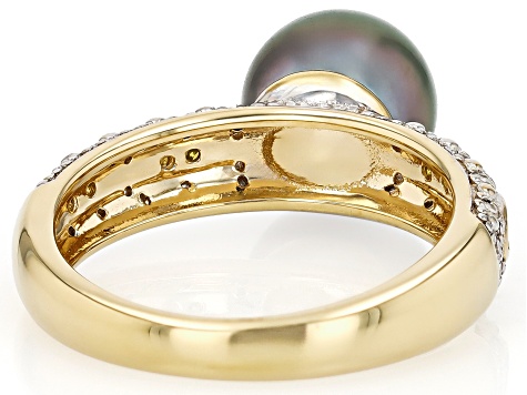 Cultured Tahitian Pearl With Canary & White Diamond 18K Yellow Gold Over Sterling Silver Ring