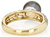 Cultured Tahitian Pearl With Canary & White Diamond 18K Yellow Gold Over Sterling Silver Ring