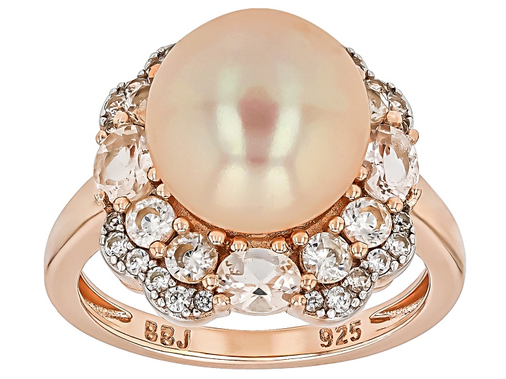 Peach Cultured Freshwater Pearl With Morganite & White Zircon 18K Rose Gold Over Silver Ring