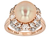 Peach Cultured Freshwater Pearl With Morganite & White Zircon 18K Rose Gold Over Silver Ring