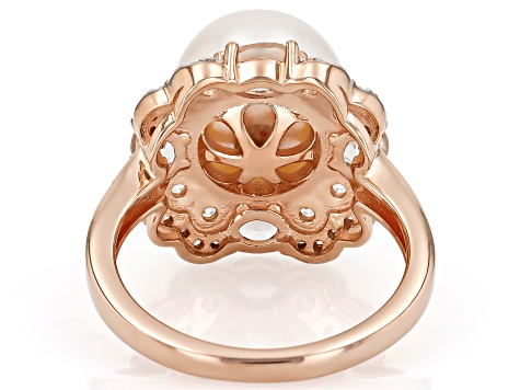 Peach Cultured Freshwater Pearl With Morganite & White Zircon 18K Rose Gold Over Silver Ring