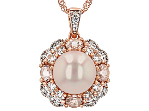 Peach Cultured Freshwater Pearl With Morganite & Zircon 18K Rose Gold Over Silver Pendant with Chain