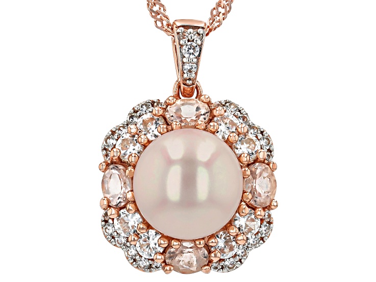 Peach Cultured Freshwater Pearl With Morganite & Zircon 18K Rose Gold Over Silver Pendant with Chain