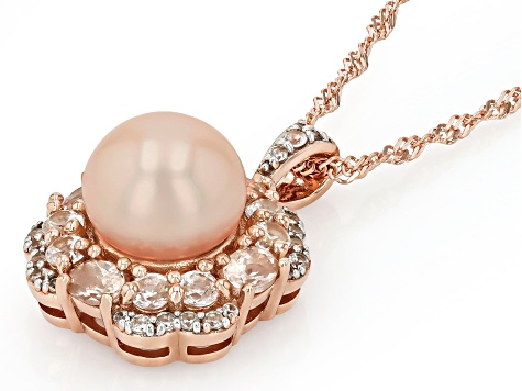 Peach Cultured Freshwater Pearl With Morganite & Zircon 18K Rose Gold Over Silver Pendant with Chain