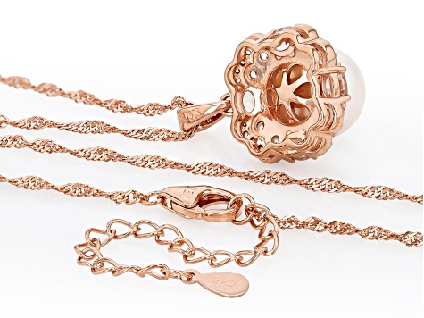 Peach Cultured Freshwater Pearl With Morganite & Zircon 18K Rose Gold Over Silver Pendant with Chain