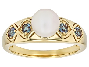 White Cultured Japanese Akoya Pearl With Lab Alexandrite 18K Gold Over Sterling Silver Ring